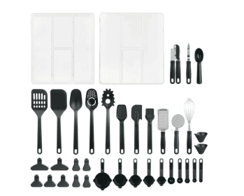36 Piece Kitchen Gadget Set with Kitchen Cooking Utensils, and Drawer Organizer, Black
