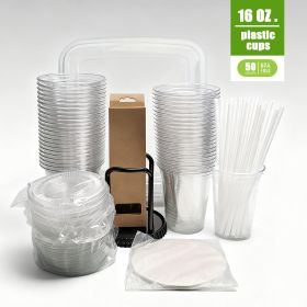 50Pack 16oz Disposable Cups COMPLETE KIT With Lids  Straws Includes 15Quart Storage Bin, Glass Straws  Dispenser Rack  For Wedding, Catering, Par (Option: 50PACKS)